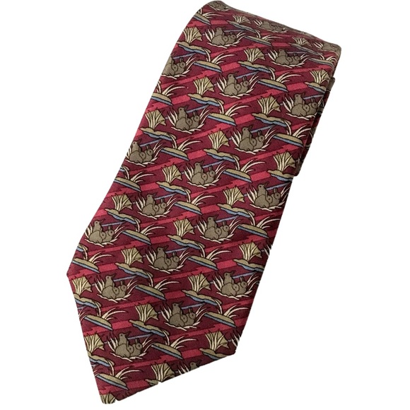 HERMES Tie Bunny Rabbit Tie Luxury Silk Red Background with Brown Tan Blue - Picture 2 of 12